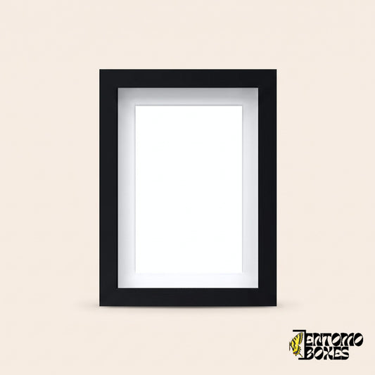 Black shadow box frame for insect and butterfly display, front view